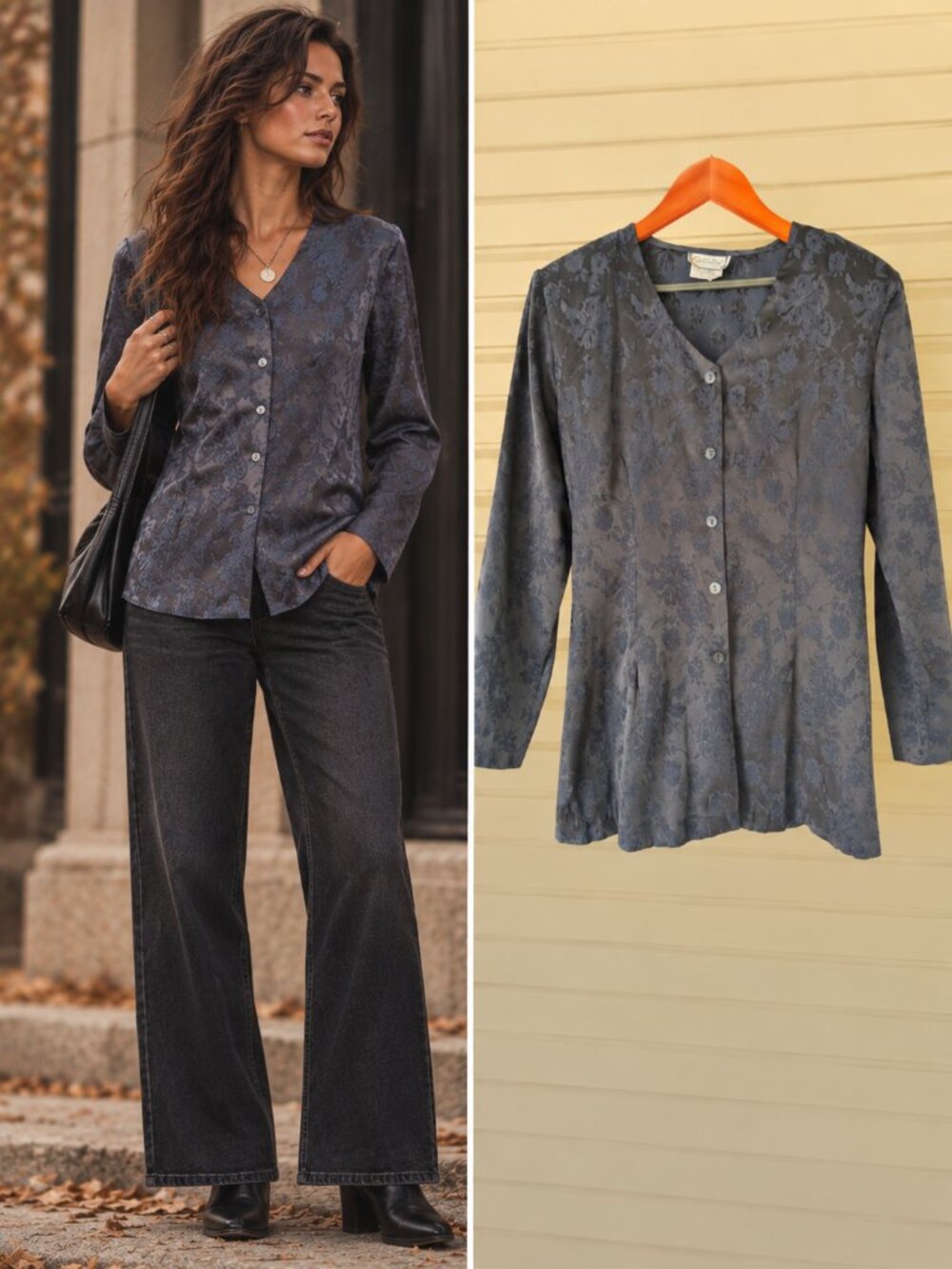 Carol Reed Dark Blue Floral Jacquard Button Front Longline Blouse XL
